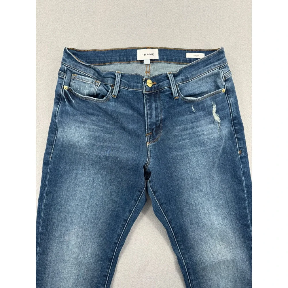 FRAME Le Garcon Slim Boyfriend Jeans Womens 29 (31x29) Azure Blue Distressed